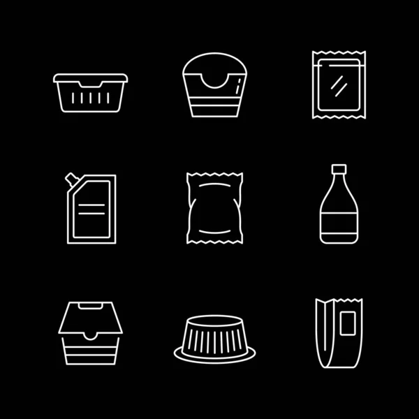 Nastavit řádkové ikony obalů potravin izolovaných na černém — Stockový vektor