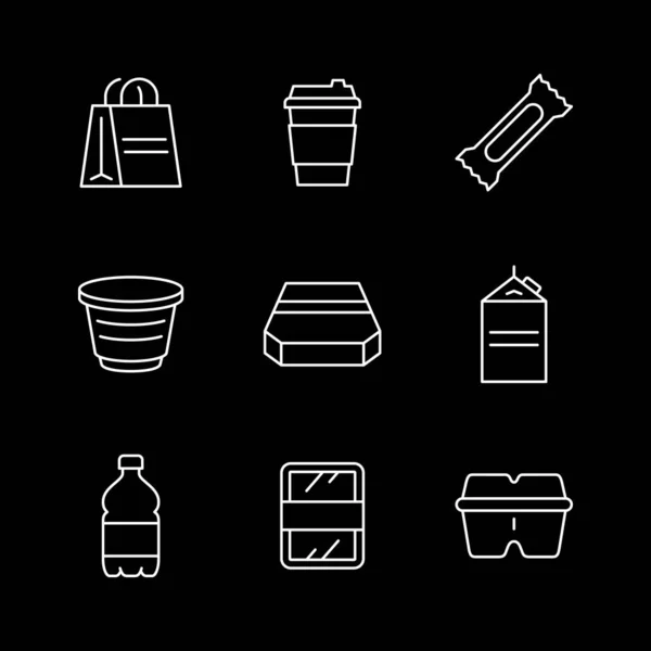 Zeilensymbole von Lebensmittelverpackungen isoliert auf schwarz — Stockvektor