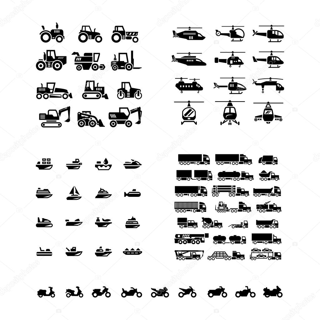 Set icons of transport. Tractors, helicopters, water transport,