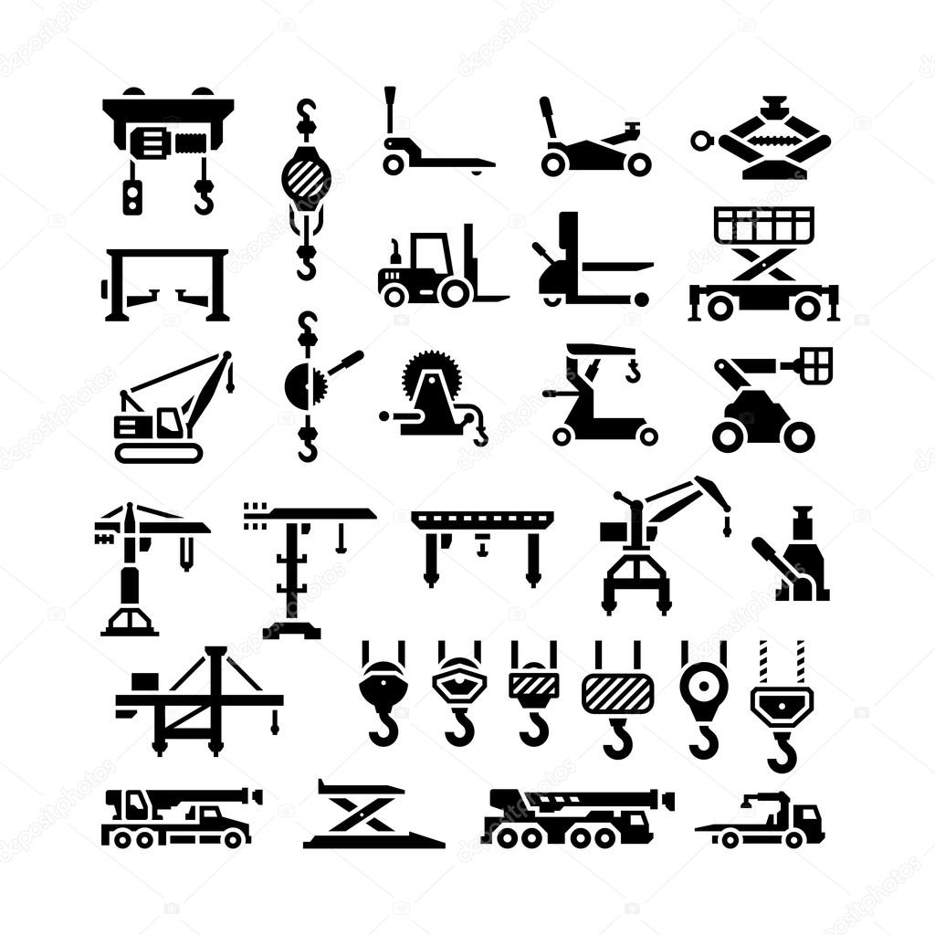 Set icons of lifting equipments, cranes, winches and hooks