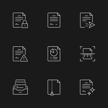 Siyah üzerine izole edilmiş belgenin çizgi simgelerini ayarla. Tarama süreci, iş grafiği, arşiv, sözleşme, anlaşma, rapor, metin. Vektör illüstrasyonu