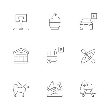 Kamp hizmetlerinin simgelerini beyaza ayır. Spor malzemeleri, benzin deposu, karavan parkı, kulübe, kano, hayvan dostu, çocuk bölgesi, masa. Vektör illüstrasyonu