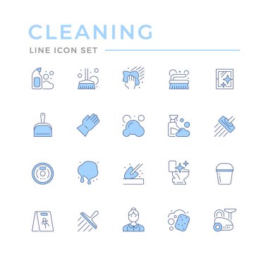 Temizliğin renk çizgisi simgelerini beyaza ayır. Elektrikli süpürge, fırça, sprey, süpürge, tuvalet, cam temizleme kovası, temizlikçi, köpük ve köpük. Vektör illüstrasyonu