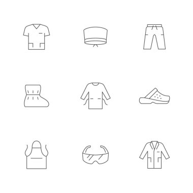 Tıbbi üniformanın simgelerini beyaza ayır. Kişisel koruyucu ekipman. Önlük, kep, pantolon, bacak örtüsü, önlük, kep, ameliyat önlüğü, laboratuvar önlüğü, gözlük. Vektör illüstrasyonu