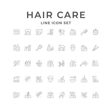 Saç bakımının simgelerini beyaza ayır. Şampuan, sprey, serum, pipet, erkek ve kadın saç kesimi, kozmetik ürünler, tarak, kepek, trikoloji. Vektör illüstrasyonu