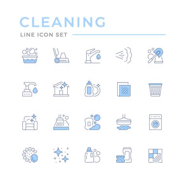 Temizliğin renk çizgisi simgelerini beyaza ayır. Yıkama, paspas, yer temizleme makinesi, buhar, şeker, süpürge, antibakteriyel, halı ya da havlu, çöp kovası. Vektör illüstrasyonu