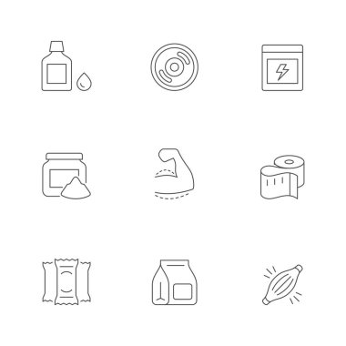 Vücut geliştirmenin simgelerini beyaza ayır. Kas büyümesi, halter diski, spor malzemeleri, sağlıklı yiyecekler, protein tozu, ölçüm bandı, enerji içeceği. Vektör illüstrasyonu