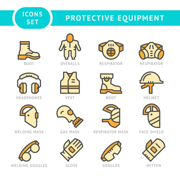Definir ícones de linha de equipamentos de proteção — Vetor de Stock