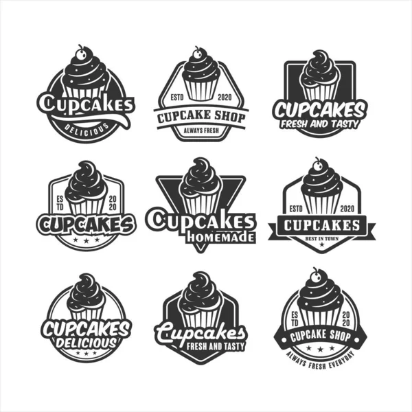 Conjunto Logotipo Premium Diseño Cupcakes — Vector de stock