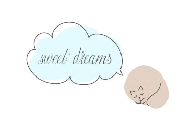 Tatlı bir kedi uyuyor ve tatlı rüyalar görüyor. El yazısı ile metin bulutu ile illüstrasyon