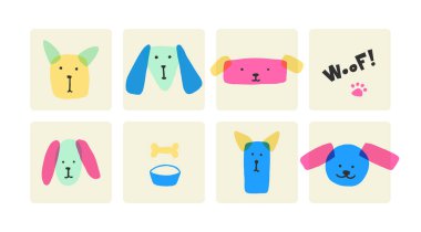 Parlak, basit, çocuksu köpek yüzleri. Eğilim düz geometrik biçimi