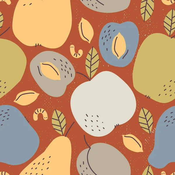 Patrón retro sin costuras. Cosecha otoñal de frutas manzanas, peras, ciruelas, colores tierra — Archivo Imágenes Vectoriales