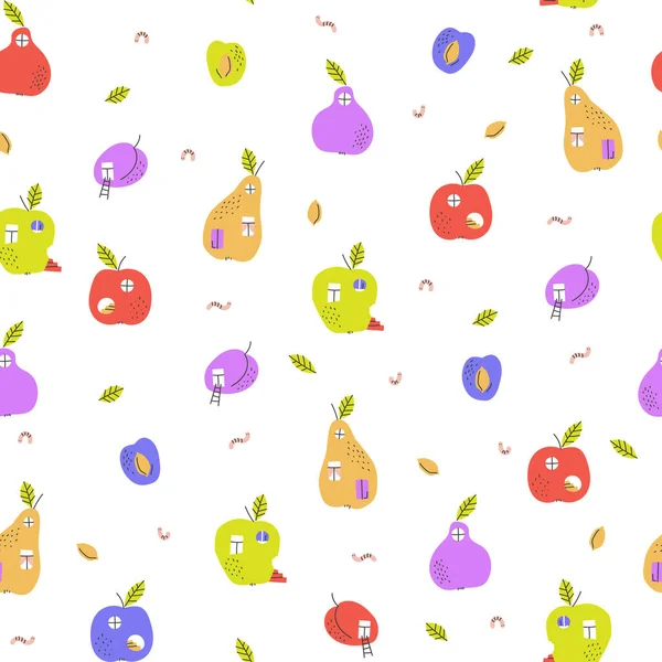 Αστεία σπίτια κάμπιας από μήλα, δαμάσκηνα, αχλάδια. Σχέδιο χωρίς ραφή — Διανυσματικό Αρχείο