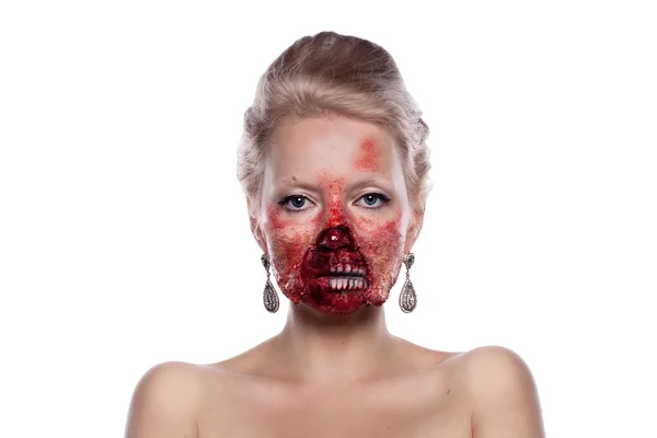 Portret blond krwawych zombie w świąteczny makijaż, na tle Zdjęcia Stockowe bez tantiem
