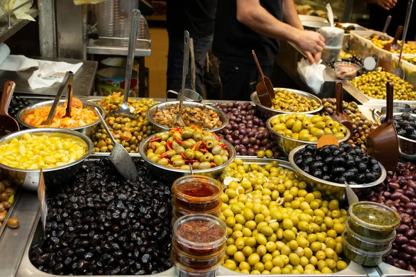 Bols Colorés Olives Vente Dans Traditionnel Jérusalem Shuk Marché Dans — Photo