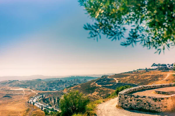 Vista Para Aldeias Árabes Mar Morto Jordão Monte Das Oliveiras — Fotografia de Stock