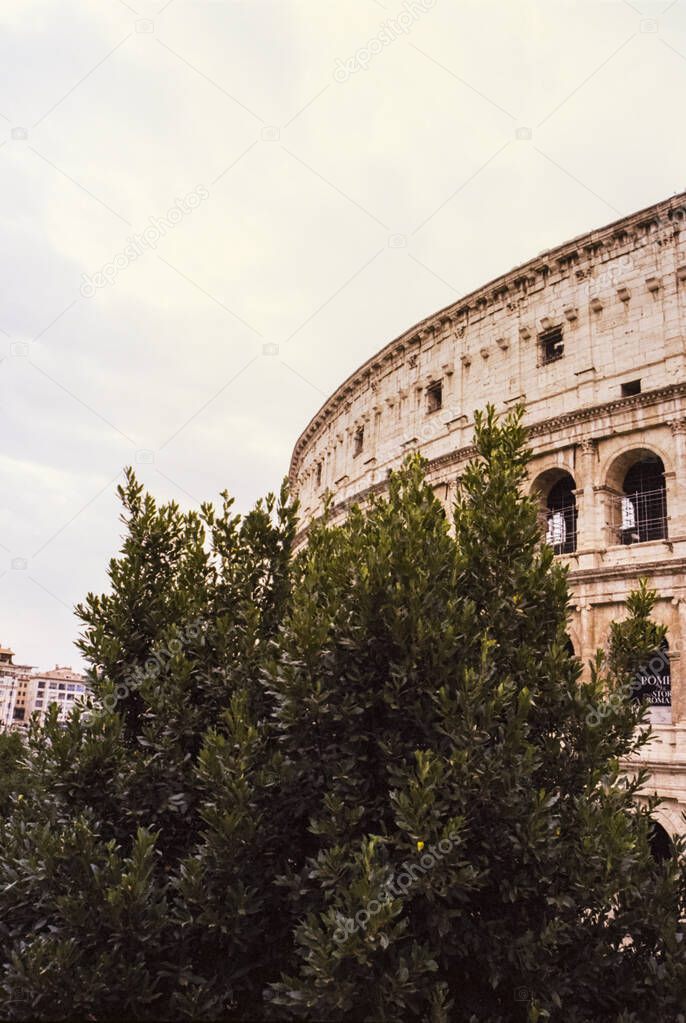Details of the Colosseum amphitheatre in Rome during the day, shot with analogue film technique
