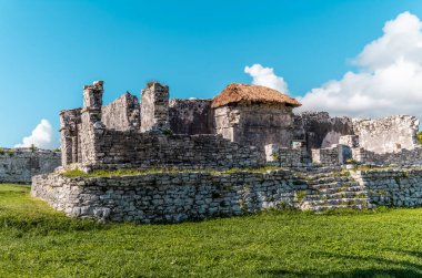 Meksika, Tulum 'daki tapınaklar ve binalar palmiyeler, ağaçlar ve denizlerle çevrili..