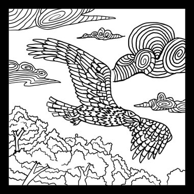 Görkemli bir kartalın, yemyeşil bir orman tepe örtüsünün üzerinde uçtuğu siyah beyaz bir çizgi çizimi. Sanat eserleri tüylerde karmaşık geometrik desenler ve gökyüzünde şekillendirilmiş girdap bulutlarıyla zengindir. Renkli bir sayfa için mükemmeldir..