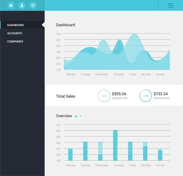 Modello di dashboard infografico con grafici e grafici a disegno piatto. Elaborazione e analisi dei dati — Vettoriale Stock