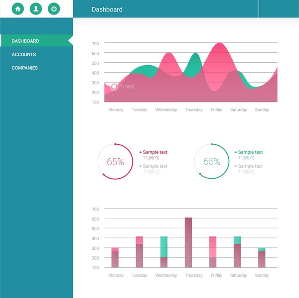 Plantilla de tablero infográfico con gráficos de diseño plano y gráficos. Tratamiento y análisis de datos — Vector de stock