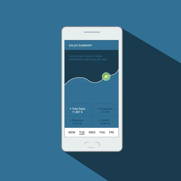 Infografik-Dashboard-Vorlage mit flachen Designdiagrammen und Diagrammen. mobiles App-Design. Verarbeitung und Analyse von Daten — Stockvektor