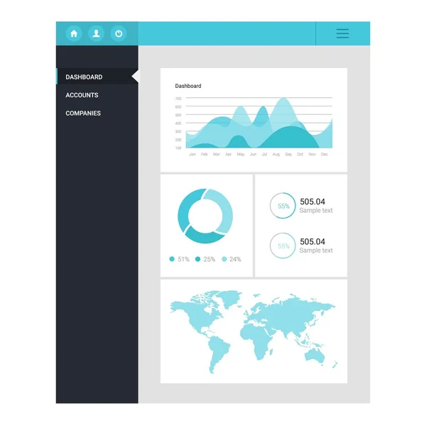 Infographic dashboardsjabloon met platte ontwerp grafieken en diagrammen. Verwerking en analyse van gegevens. Kaart van de wereld en merkteken op het — Stockvector