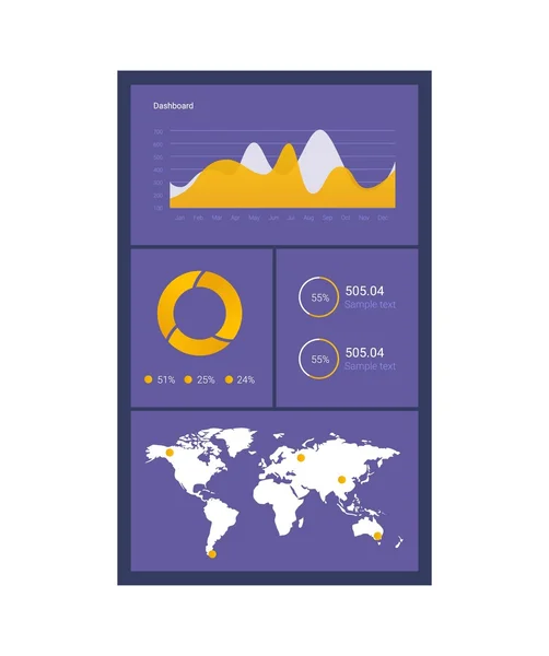 Plantilla de tablero infográfico con gráficos de diseño plano y gráficos. Tratamiento y análisis de datos. Mapa del mundo y marca en él — Vector de stock