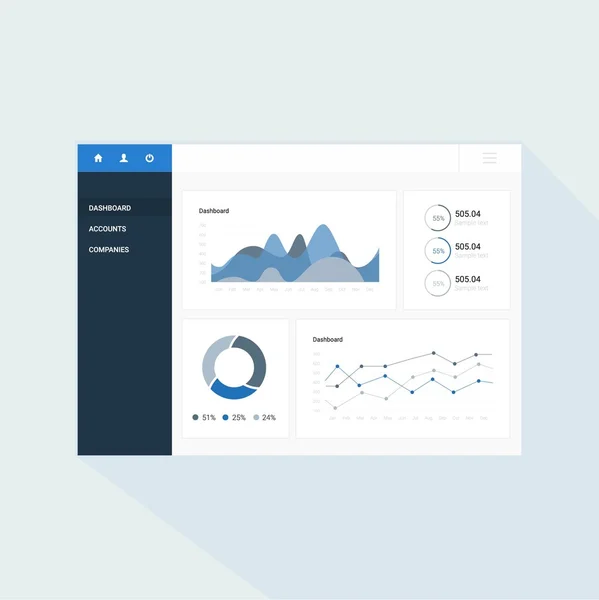 Infographic dashboardsjabloon met platte ontwerp grafieken en diagrammen. Verwerking en analyse van gegevens — Stockvector