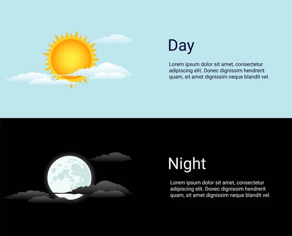 Vector día y noche vector tiempo concepto fondo con el sol, iconos de la luna — Vector de stock