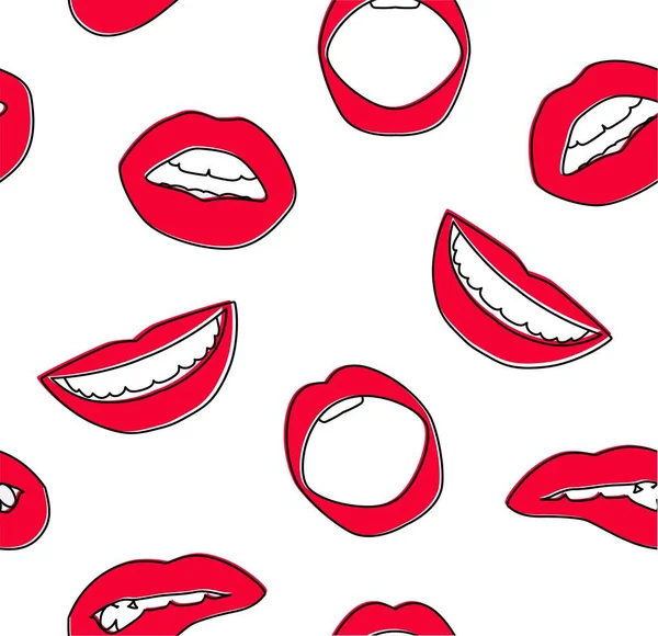 Modello senza cuciture vettoriale, labbra femminili con rossetto rosso — Vettoriale Stock