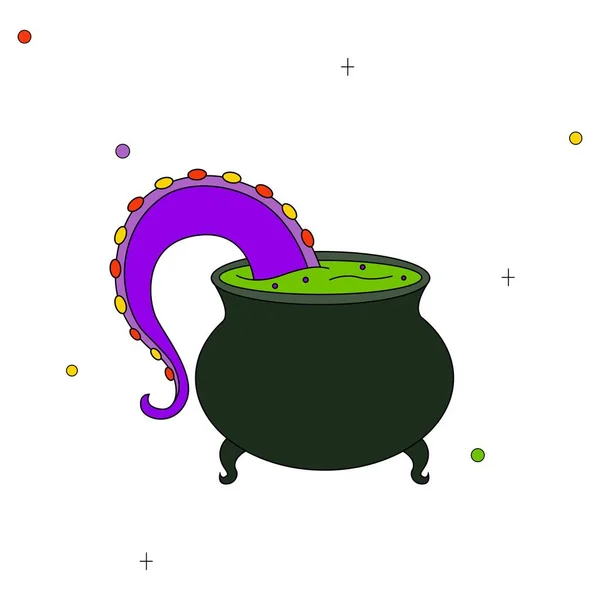 Childrens vector drawing. Witchs potion. Octopus tentacle being cooked in a cauldron for halloween — Stock Vector