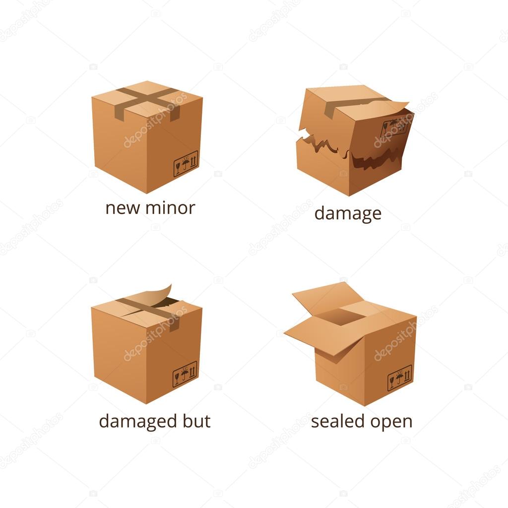 Vector boxes in different States. Damaged and whole boxes