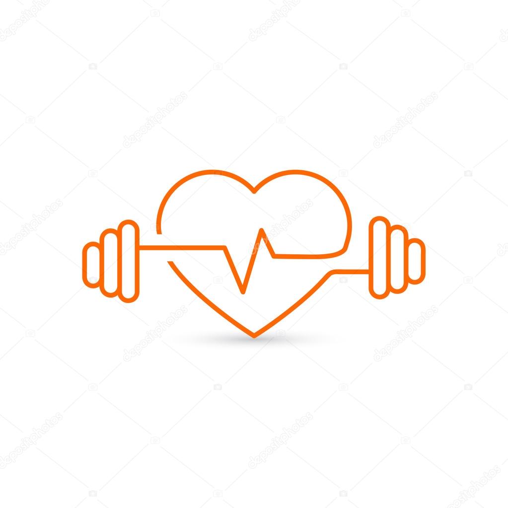 Vector heart outline, dumbbells and a cardiogram. Icon symbolizing health and sport. Lifestyle