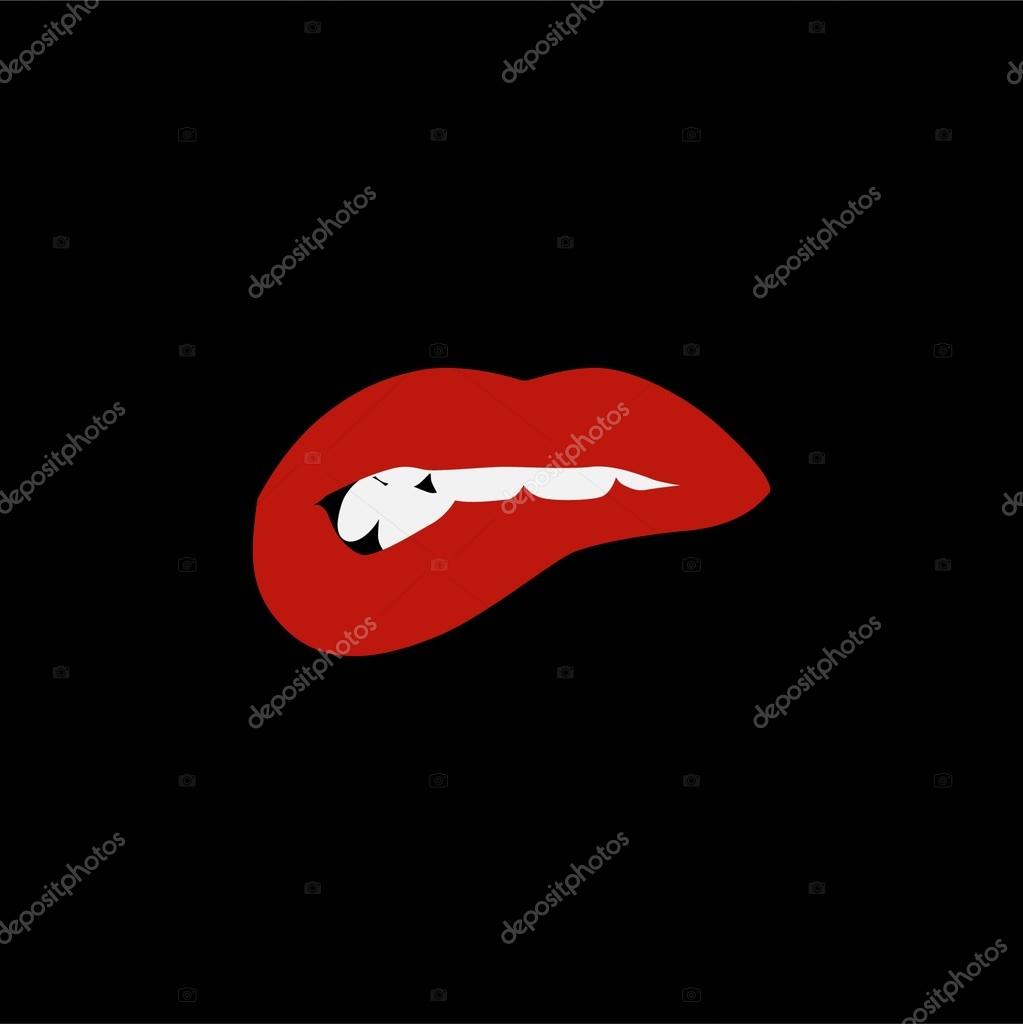 Red lips biting retro icon isolated on white background. Vector illustration