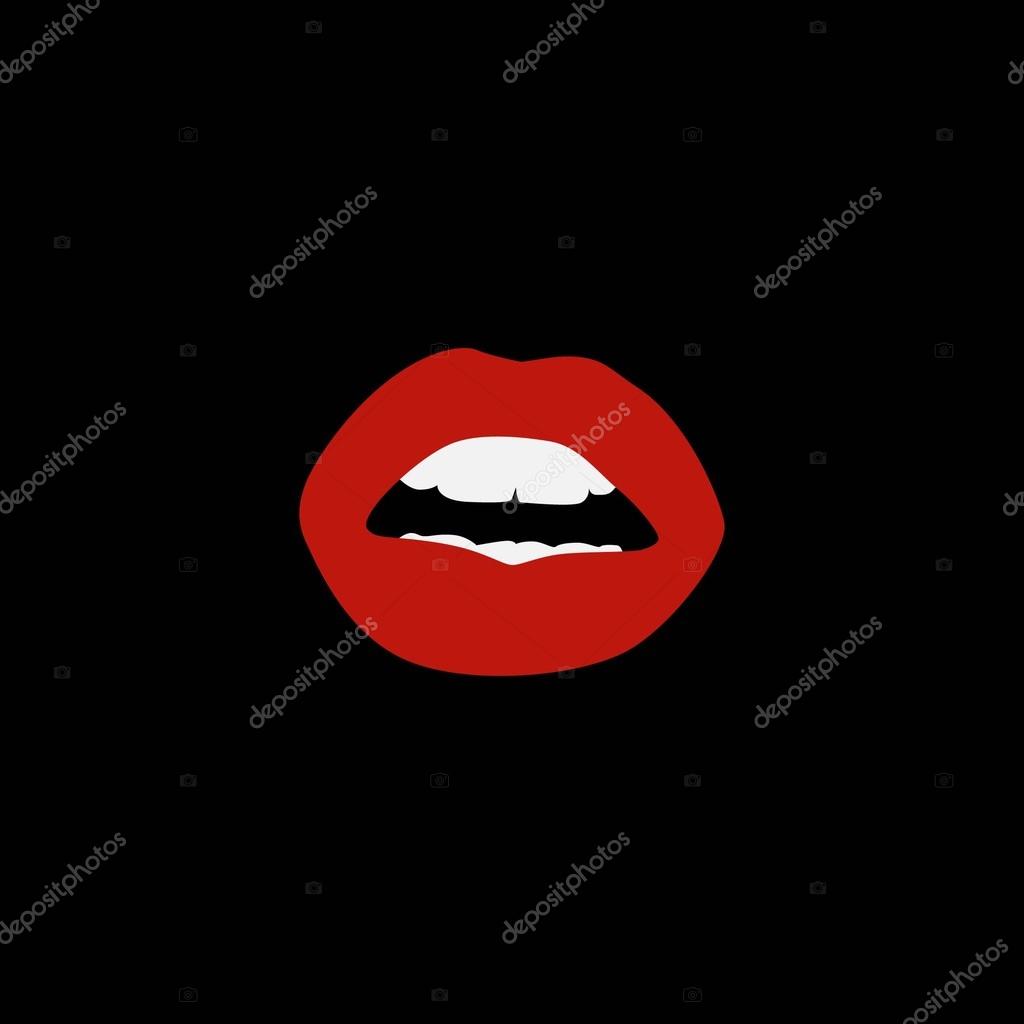 Red lips biting retro icon isolated on white background. Vector illustration