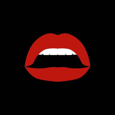 Kırmızı dudaklar beyaz arka planda izole edilmiş retro simgeyi ısırıyor. Vektör illüstrasyonu