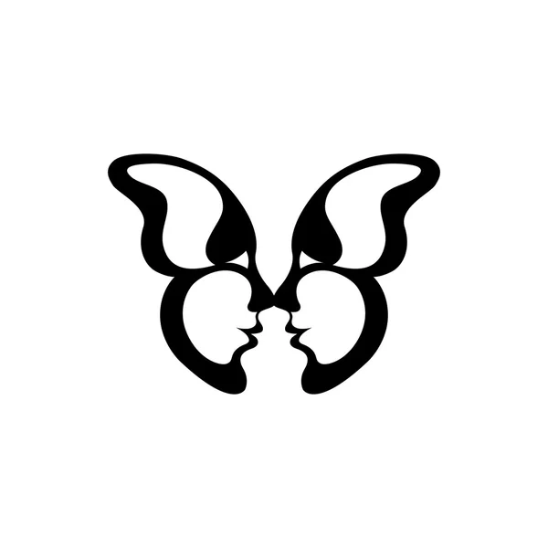 Imagen vectorial de una mariposa. Dos caras de besos. El reflejo de la gente en las alas del insecto. Icono y tatuaje. Silueta y amantes de los animales — Vector de stock