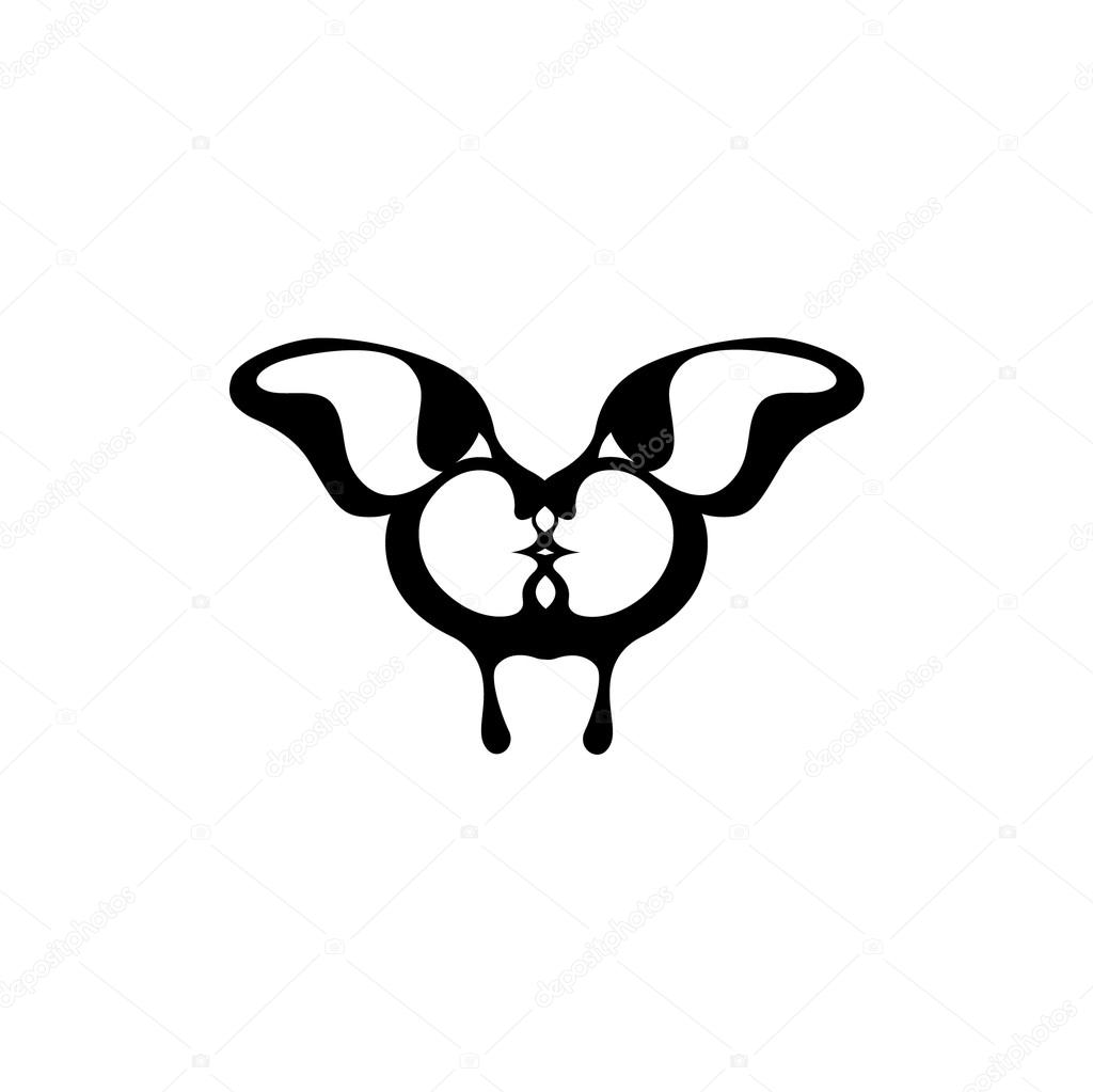 Vector image of a butterfly. Two kissing faces. The reflection of the people in the wings of the insect. Icon and tattoo. Silhouette and animal lovers