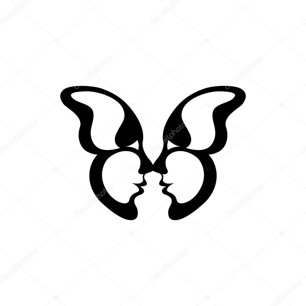 Vector image of a butterfly. Two kissing faces. The reflection of the people in the wings of the insect. Icon and tattoo. Silhouette and animal lovers