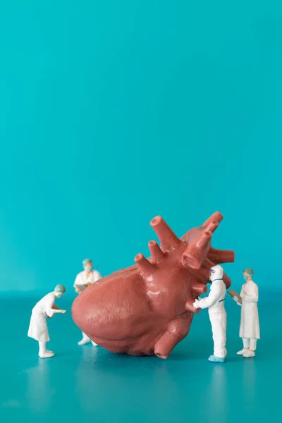 Persone Miniatura Medico Infermiere Osservando Discutendo Cuore Umano Scienza Concetto — Foto Stock