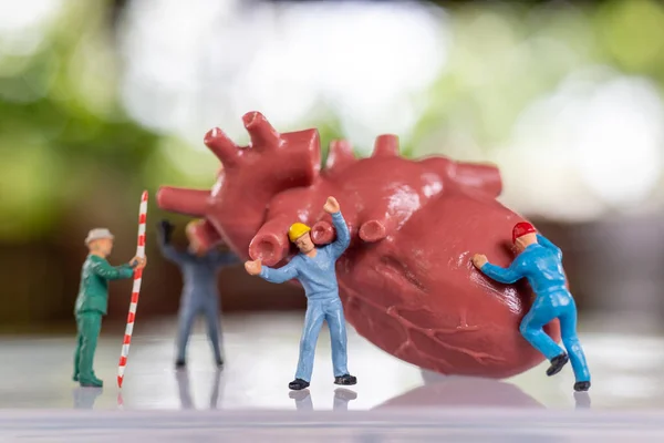 Persone Miniatura Team Dei Lavoratori Esamina Cuore Ascoltare Battito Cardiaco — Foto Stock