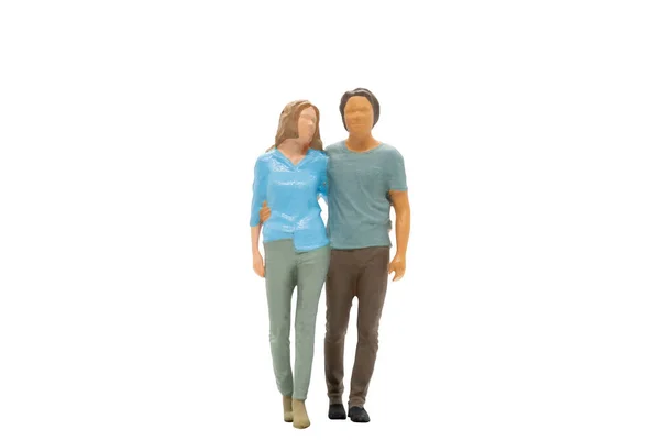 Miniature People Man Woman Casual Cloth Standing Together Isolated White — Stock Photo, Image