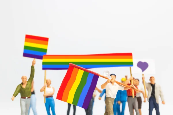 Pessoas Miniatura Protestante Segurando Sinal Bandeira Transgênero Incentivando Distanciamento Social — Fotografia de Stock