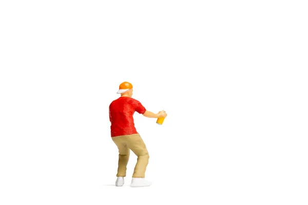 Miniatuur Mensen Tiener Spuitende Verf Uit Blik Witte Achtergrond Ruimte — Stockfoto