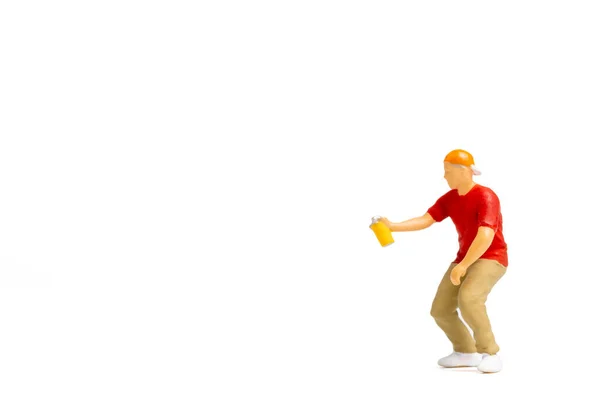 Miniature People Teenager Spraying Paint Can White Background Space Text — Stock Photo, Image