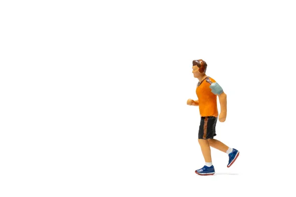 Miniature People Man Fitness Wear Running White Background Space Text — Stock Photo, Image