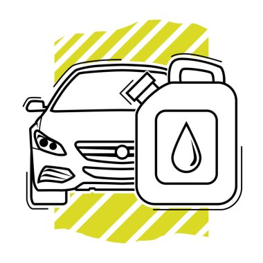 İnce çizgili otomotiv sembolü. Petrol bidonuyla birleştirilmiş bir sedan araba tasviri. Beyaz arkaplan.
