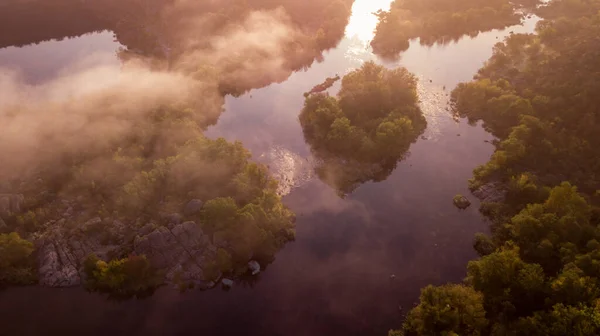Amazing Aerial View Foggy Morning River Colorful Trees Drone Shot — Stock Photo, Image