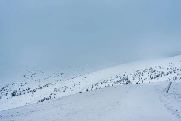 Niesamowity Zimowy Krajobraz Góry Pokryte Śniegiem Błękitnym Zachmurzonym Niebem — Zdjęcie stockowe